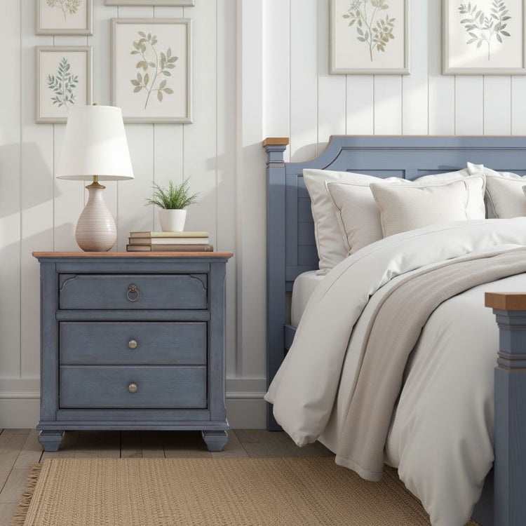 Americana 3 Drawer Nightstand, No Assembly Required, Corduroy Blue Finish