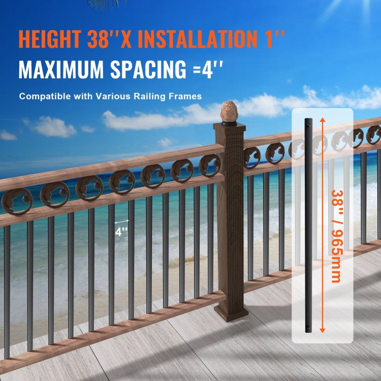 Staircase Metal Balusters, 38'' X 1'' Flat Aluminum Alloy Decorative Banister Spindles, 72 Pack Deck Baluster With Screws, Classic Hollow Deck Railing Satin Black Powder Coated For Porch
