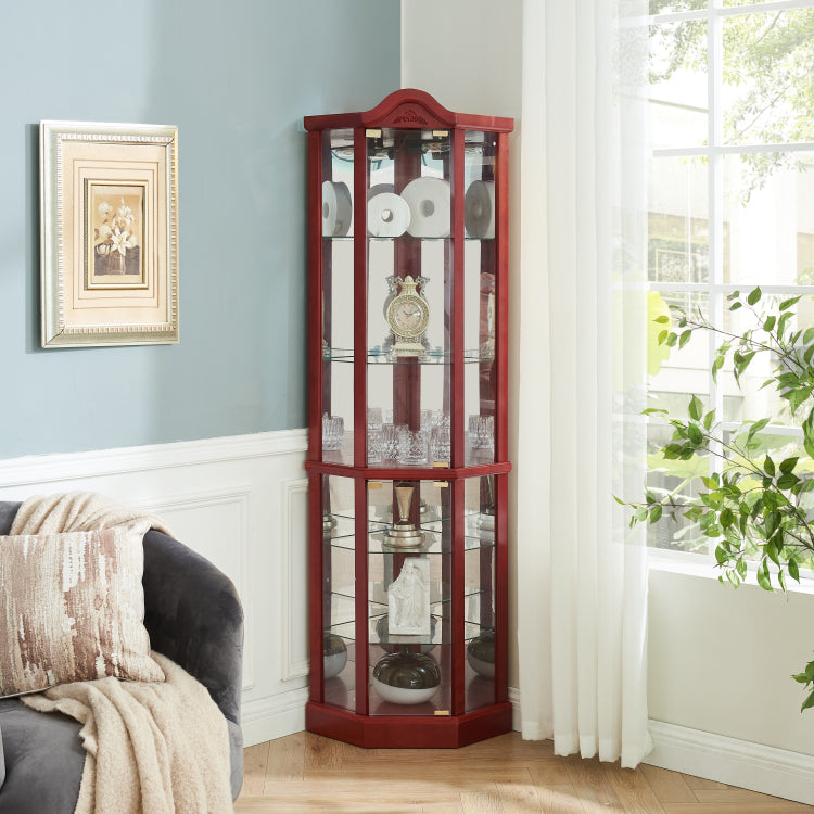 Glass Cabinet Lighted Corner Cabinet Corner Display Curio Cabinet, Glass Display With Light Included Bar Cabinet,Wine Cabinet With Adjustable Glass Shelves Carved Decoration Cherry Light Included