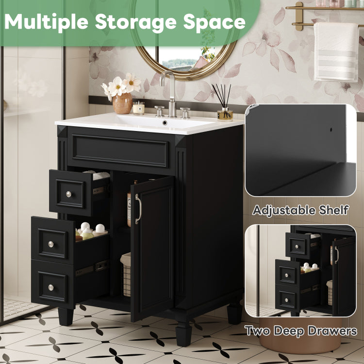 24" Bathroom Vanity With Ceramic Sink, Small Bathroom Sink Cabinet, Modern Cabinet With 2 Drawers And Adjustable Shelf