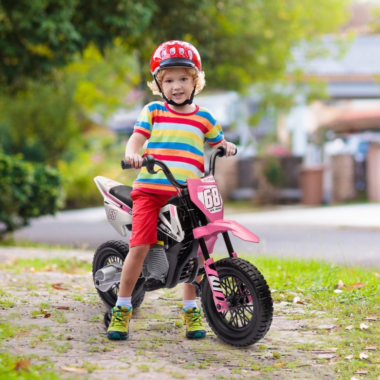 Qaba Kids Dirt Bike With Twist Grip Throttle, 12V Electric Motorcycle, Electric Bike For Toddler With Training Wheels, Rear Suspension & Music For Ages 3 6 Years, Pink