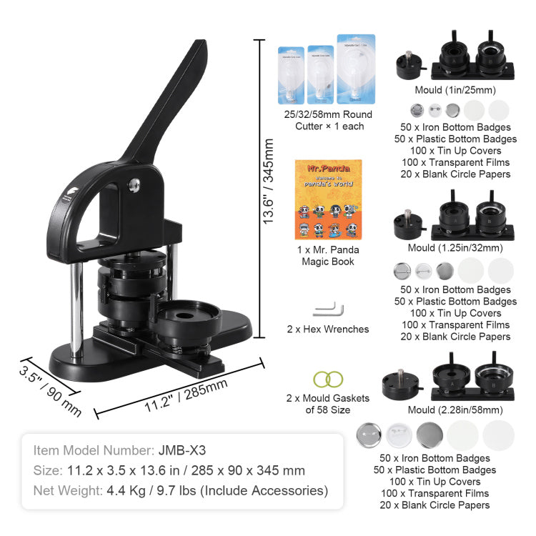 Button Maker, 1 1.25 2.28 Inch 25 32 58Mm 3 In 1 Pin Maker, With 300Pcs Button Parts, Button Maker Machine With Panda Magic Book, Ergonomic Arc Handle Punch Press Kit, For Children Diy Gifts