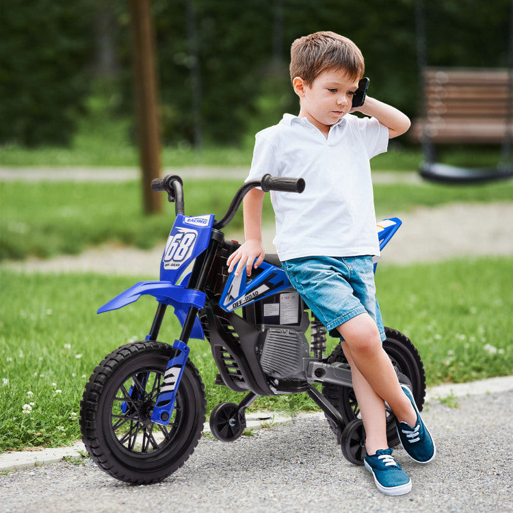 Qaba Kids Dirt Bike With Twist Grip Throttle, 12V Electric Motorcycle, Electric Bike For Toddler With Training Wheels, Rear Suspension & Music, Blue