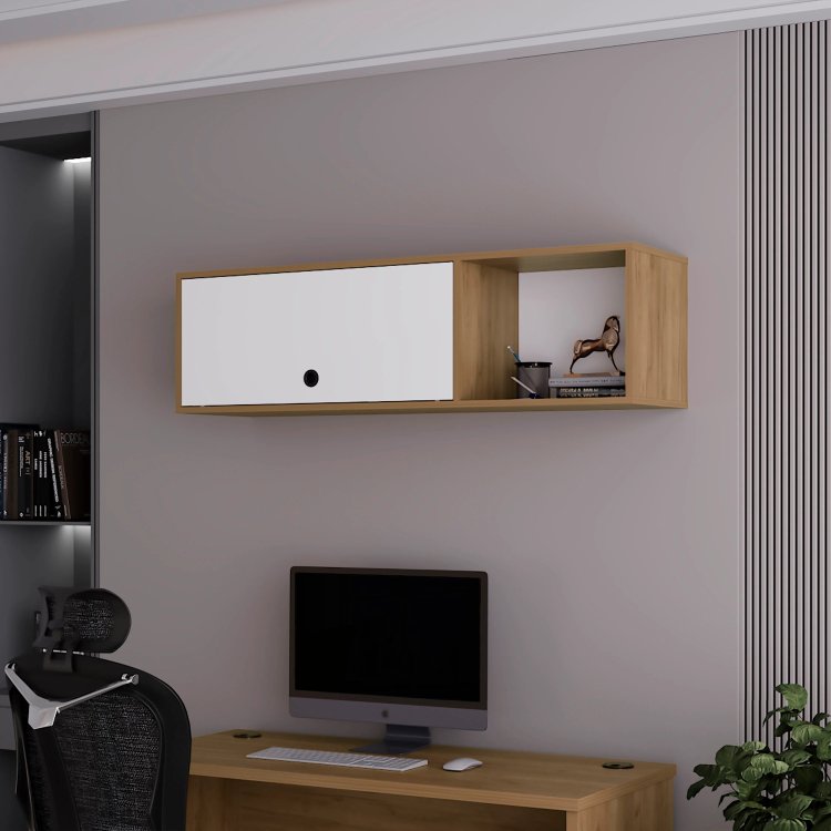 Natural Oak And White Wall Mounted Cabinet With Lift Up Door