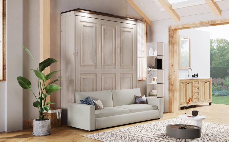 Queen Size Murphy Bed With Sofa And Led, Beige