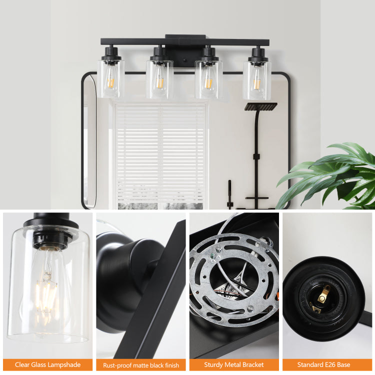 24" Modern Black 4 Light Bathroom Vanity Light Fixture, Industrial Wall Sconce With Clear Glass Shades For Mirror, Bathroom, Bedroom, And Hallway No Bulbs