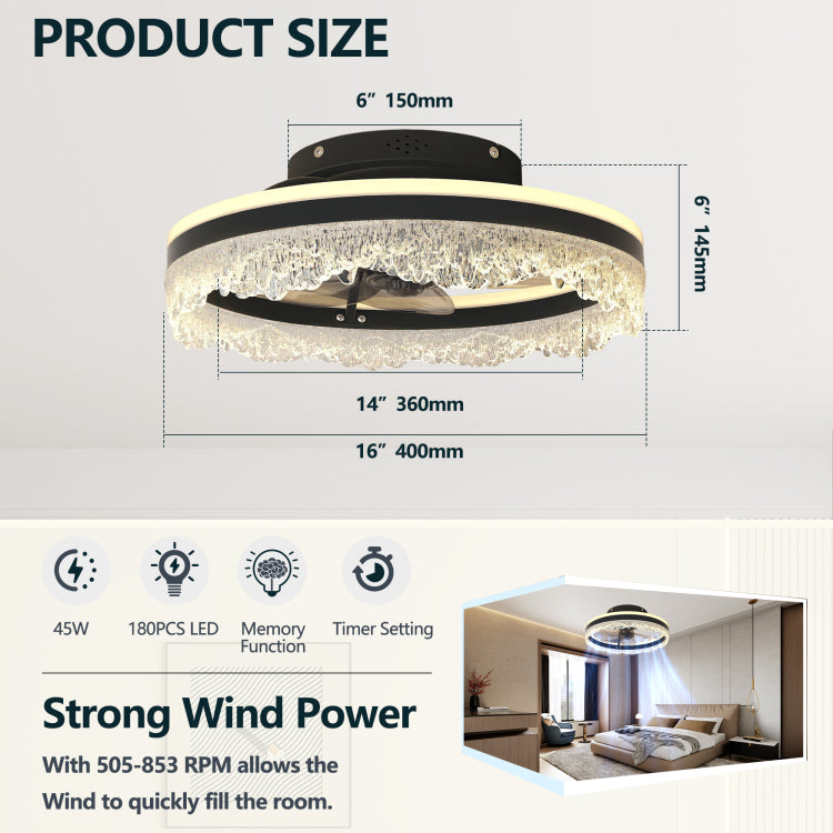 16" Quiet With Light Led Crystal Flush Mount Fan Lamp With Hidden Blades And Natural Airflow, Perfect For Bedroom, Kids Room, Study Room