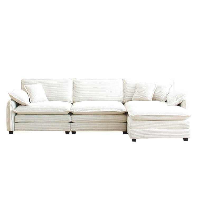 Oversize 3 Seater Sofa With One Footrest, L Shaped Sectional Sofa With Ottoman For Living Rooms, White Corduroy Sofa