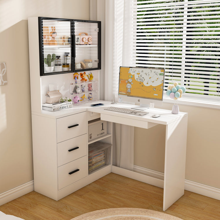 Computer Desk With Glass Cabinets & Built In Led Lights, Corner L Shaped Office Desk With Usb Charging Ports, Keyboard Tray, Ergonomic Design For Home And Corporate Workspaces White