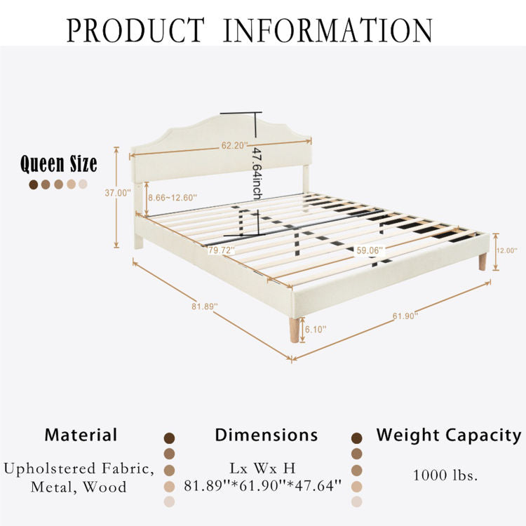 Queen Size Bed Frame Upholstered Platform Bed With Adjustable Headboard,Linen Fabric Padded,Modern Simple Style Platform Bed No Box Spring Needed, Easy Assembly, Beige