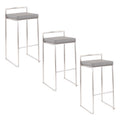 30" Contemporary Stackable Barstool In Stainless Steel With Grey Faux Leather Cushion Set Of 3