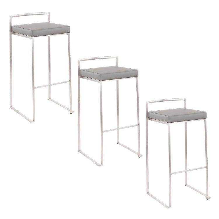30" Contemporary Stackable Barstool In Stainless Steel With Grey Faux Leather Cushion Set Of 3