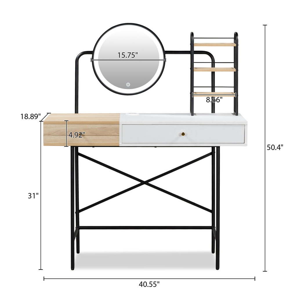 40" Makeup Vanity Desk With 3 Mode Lighted Mirror & Wireless Charging Station , Vanity Table With Drawer & 3 Open Shelves For Ample Storage Space, Dressing Table For Bedroom, White
