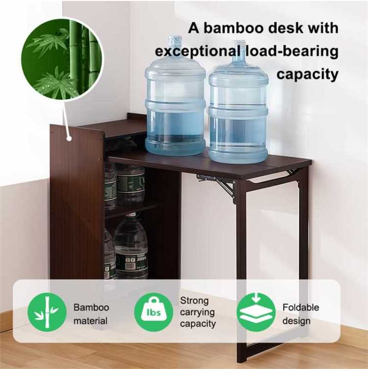 Bamboo Folding Desk, Foldable Desk For Small Space, Computer Desk With Hidden Storage, Mid Century Foldable Table For Home Office And Bedroom Walnut Brown
