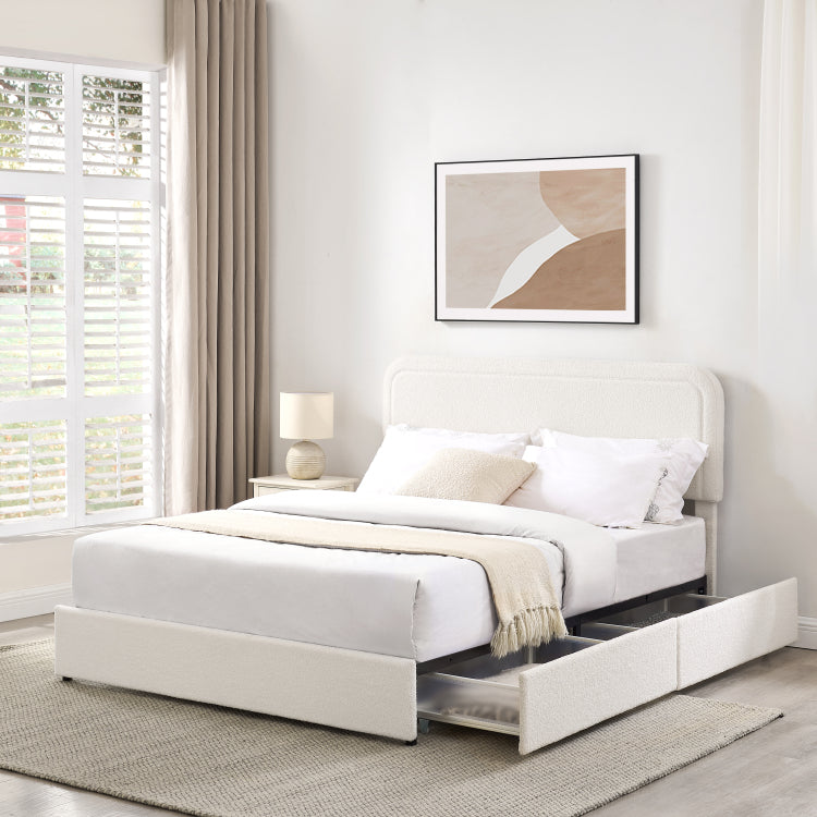 Liv Queen Size Ivory Boucle Upholstered Platform Bed With Patented 4 Drawers Storage, Curved Stitched Tufted Headboard, Wooden Slat Mattress Support, No Box Spring Needed