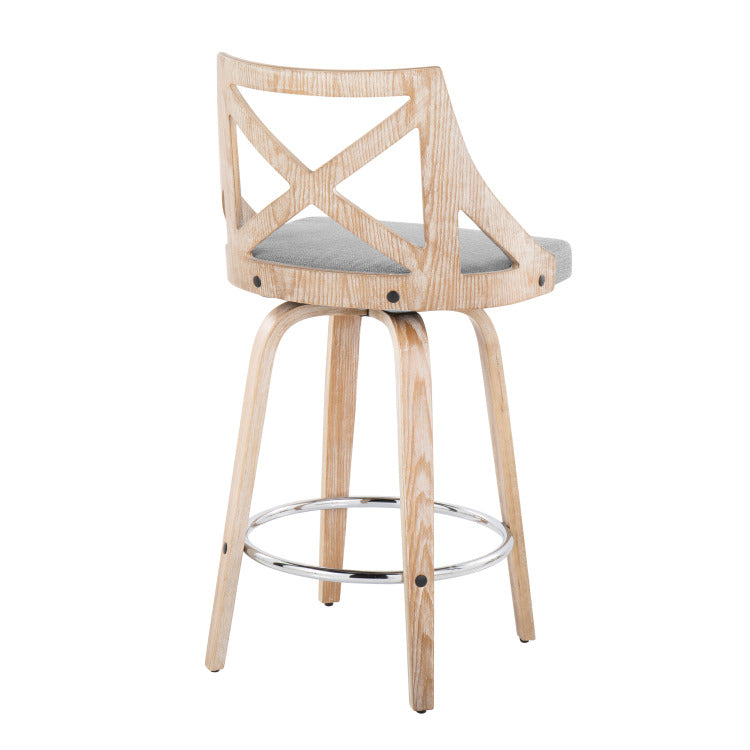26" Fixed Height Counter Stool With Swivel In White Washed Wood, Light Grey Fabric With Round Chrome Metal Footrest Set Of 2