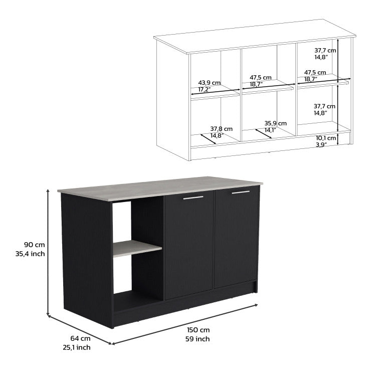 Kitchen Island With Large Countertop, Open Storage Shelves And Double Door Cabinet, Black Onyx