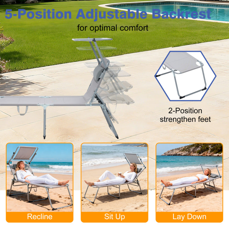 Folding Lounge Chair With Canopy, Pool Chair, Patio Sun Tanning Chair, Outdoor Reclining Chair With Position Adjustable Backrest, Mesh Seat, Suitable For Beach. Gray, 2 Pcs