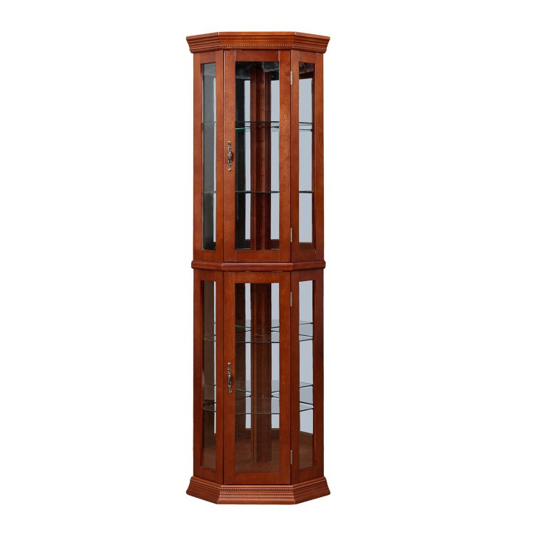 Corner Curio Cabinet With Lights, Adjustable Tempered Glass Shelves, Mirrored Back, Display Cabinet,Light Walnut E26 Light Bulb Not Included