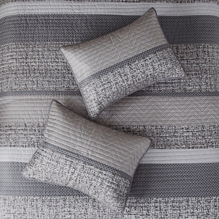 6 Piece Reversible Jacquard Quilt Set With Throw Pillows Grey Taupe Full Queen