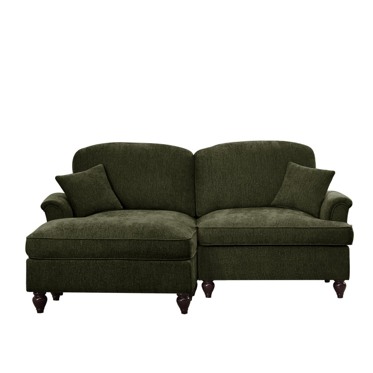 Elegant Mid Century Large Two Seater Modular L Shaped Sofa Couch With Flared Arms And Removable Ruffles Pleats Skirts And Spindle Legs, Comfy Chenille Loveseat Sofa With Movable Ottoman,Green