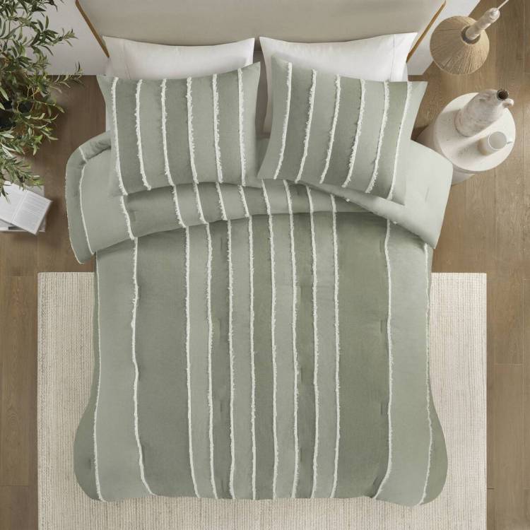 3 Piece Striped Cotton Comforter Set Sage Full Queen