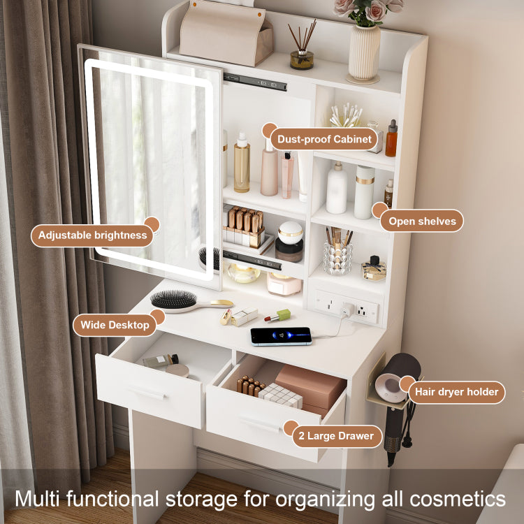 Small Makeup Vanity Desk With Mirror & Adjustable Led Lights,Built In Power Outlet & Hidden Storage, Includes Padded Stool & Shelf,Space Saving Dressing Table For Small Bedrooms,White