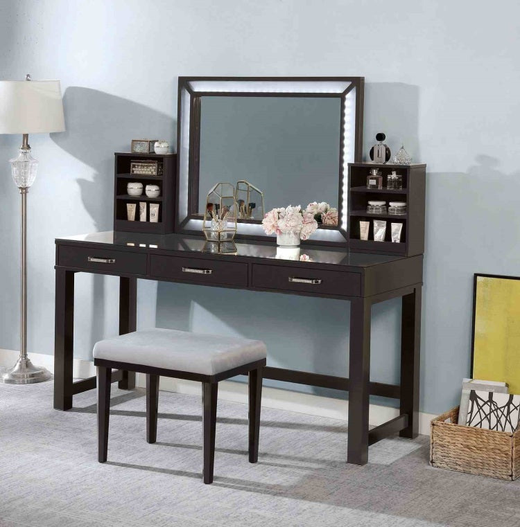 Glam Style 1Pc Vanity W Stool Set Tempered Glass Top Central Mirror Storage Drawers Padded Stool Obsidian Gray Finish