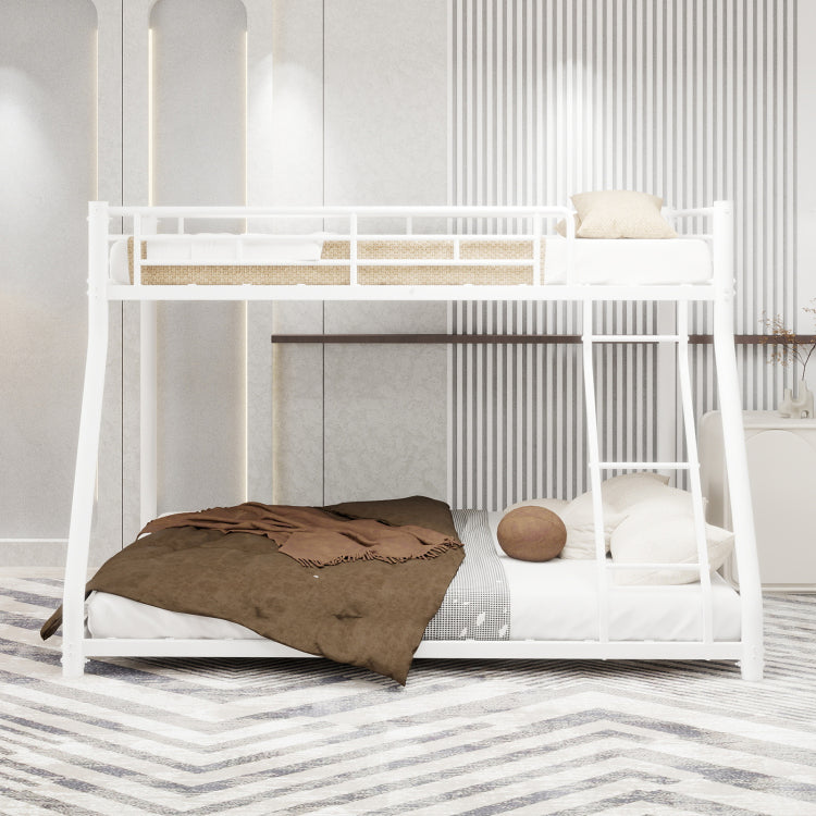 Metal Bunk Bed Twin Over Full Size With Removable Stairs, Heavy Duty Sturdy Frame With 12" Under Bed Storage For Teen & Adults, Teens, No Box Spring Needed, White