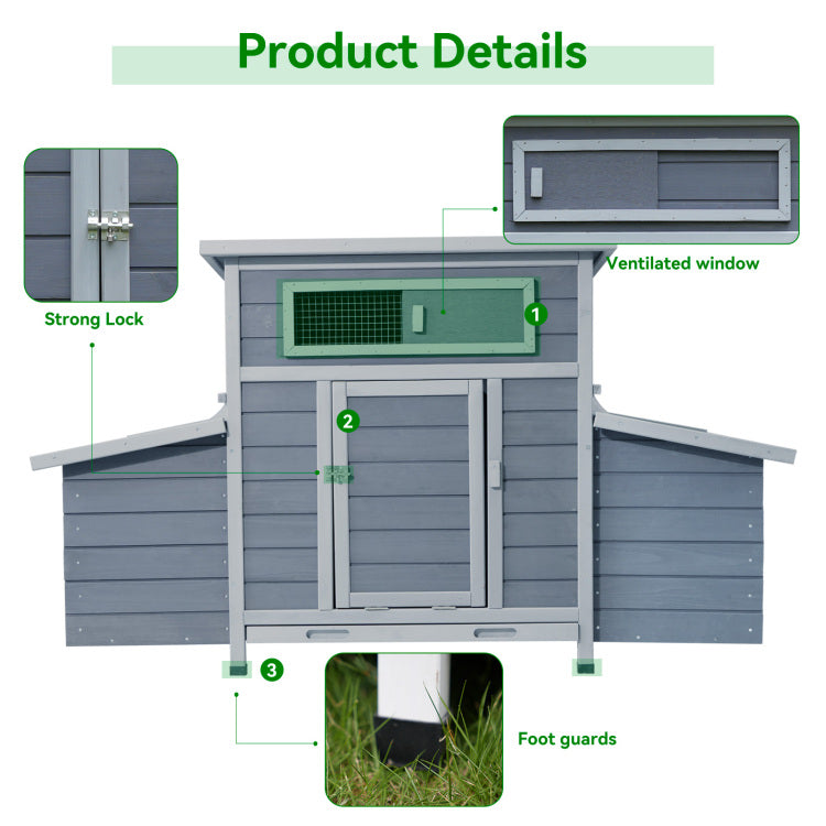 Large Wooden Chicken Coop Outdoor Hen House Poultry Cage For Outdoor With 2 Sides Nesting Boxes