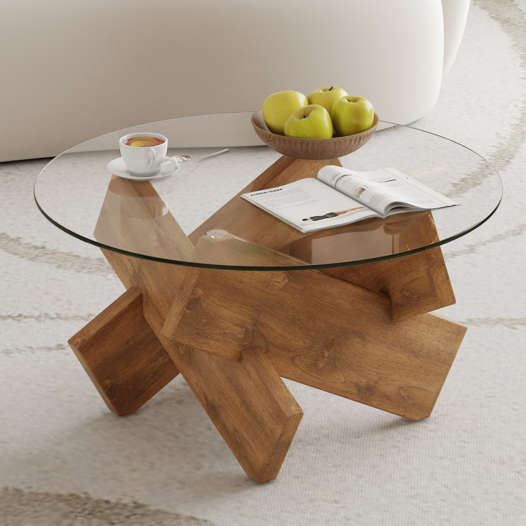 Circular Glass Coffee Table, 33.4 Inch Modern And Distinctive Design Tea Table. Tempered Glass Countertop, Wood Colored Mdf Table Legs. Suitable For Living Rooms And Farmhouses