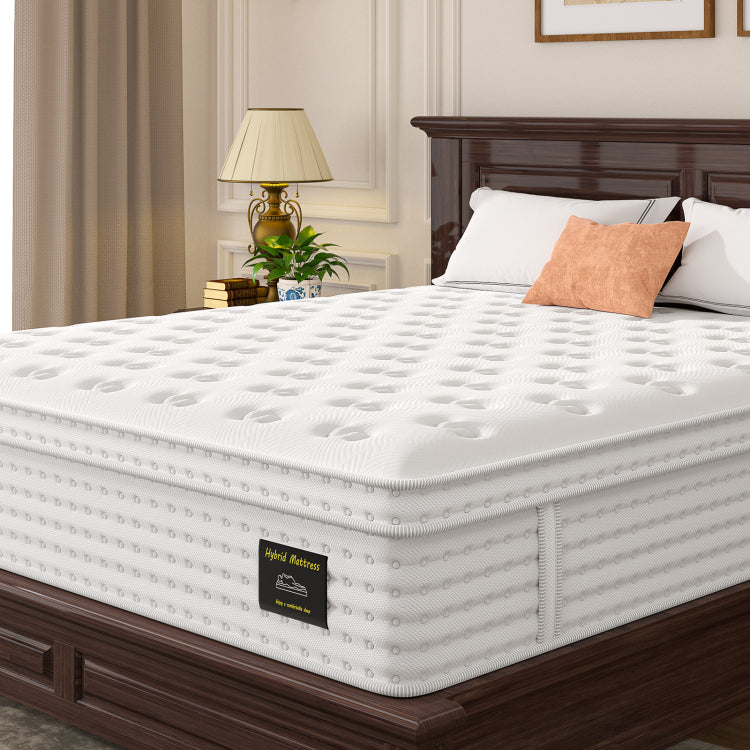 14'' Hybrid Mattress Queen, Memory Foam & Pocket Springs For Pressure Relief, Fiberglass Free Ergonomic Home White