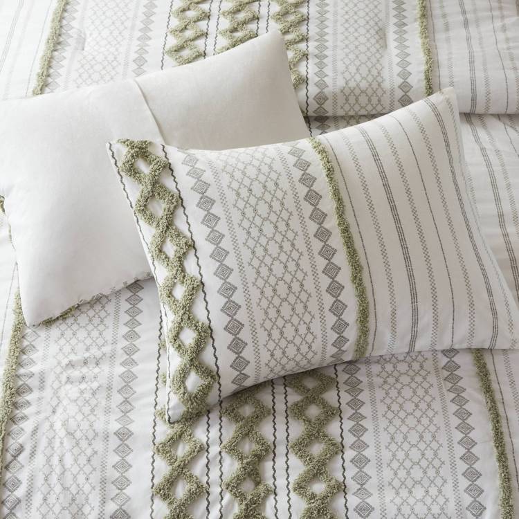 3 Pcs Full Queen Cotton Printed Comforter Set With Chenille Sage Ivory