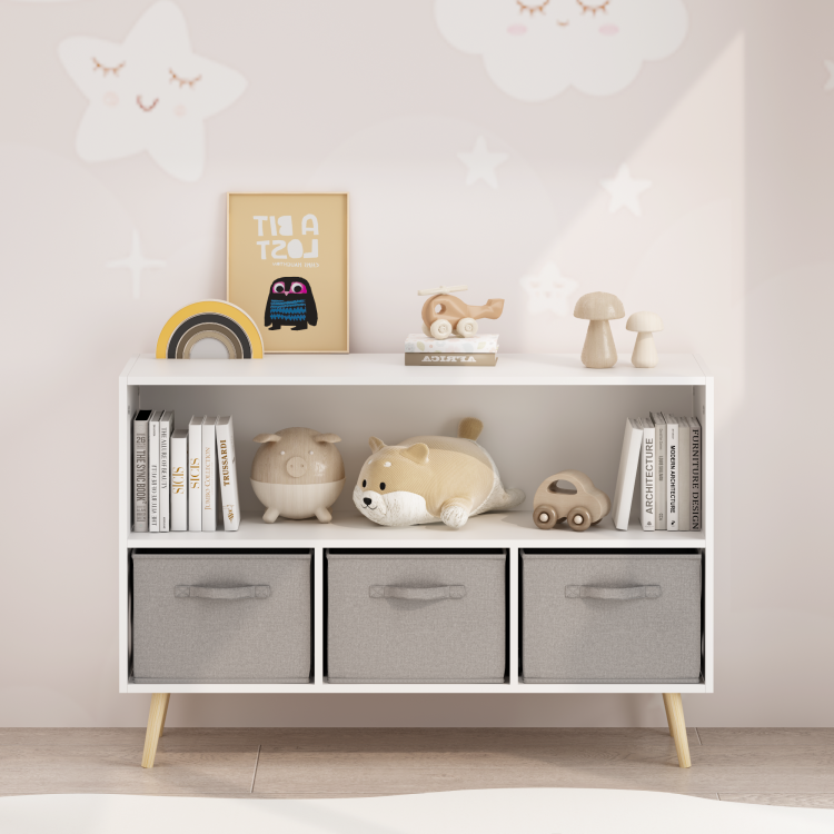 Kids Bookcase With Collapsible Fabric Drawers, Children'S Book Display, Toy Storage Cabinet Organizer, White Gray