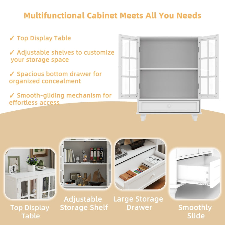 Minimalist White Buffet Cabinet With Double Glass Doors And Drawer, Modern Wooden Storage Sideboard Cupboard For Living Room, Dining Room Hallway Entryway