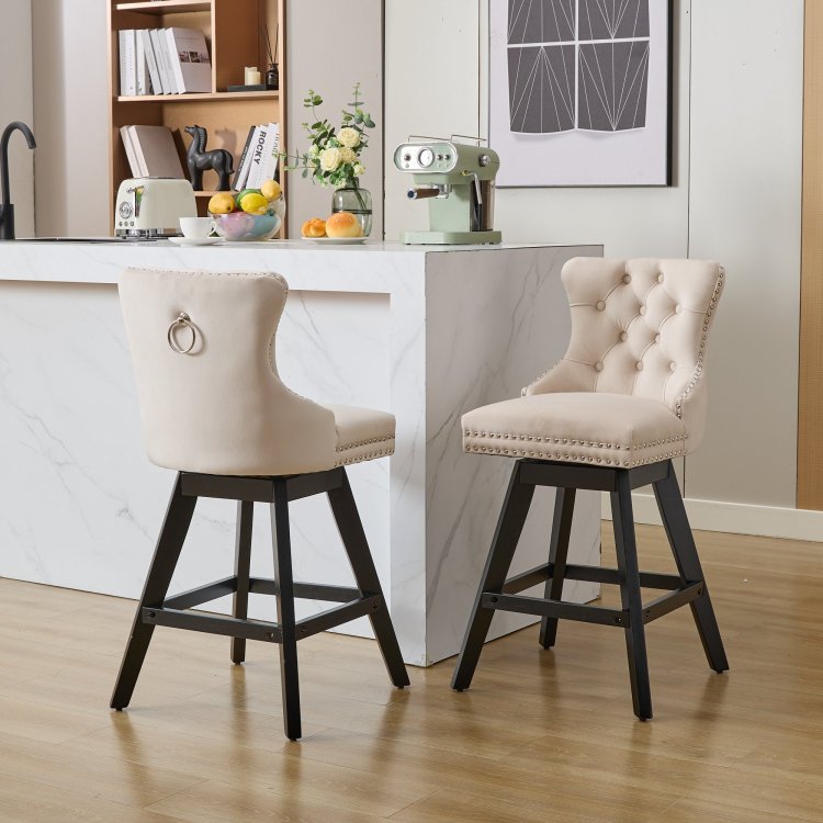 Swivel Velvet Barstools With Button Tufted Decoration And Wooden Legs, And Chrome Nailhead Trim, Leisure Style Bar Chairs,Bar Stools, Set Of 2 Beige ,Sw1860Bg
