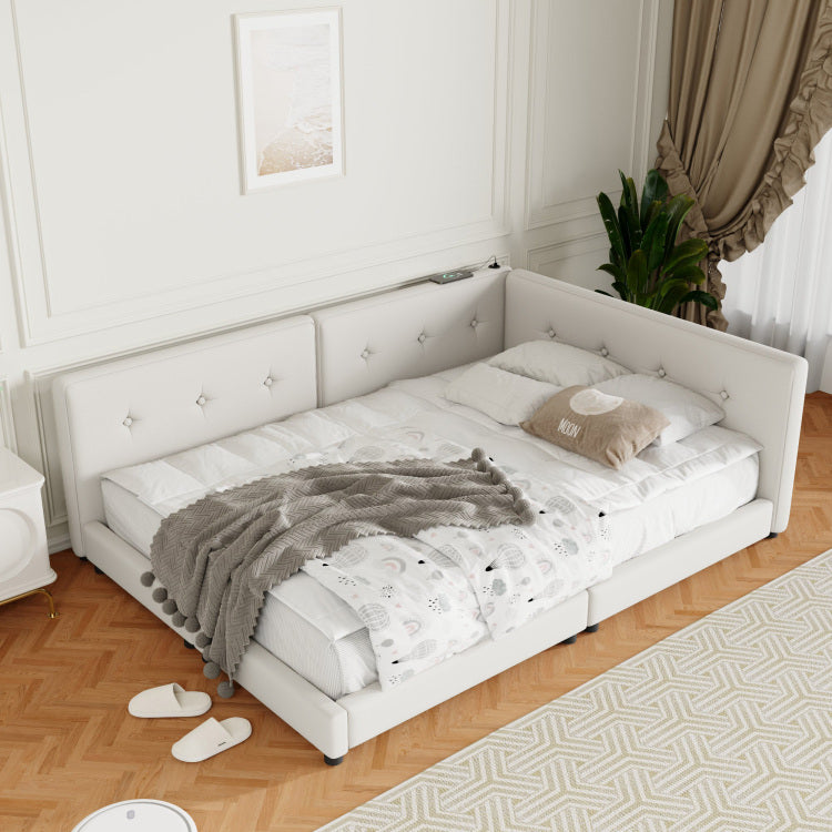 Upholstered Queen Size Platform Bed With Usb Ports, Beige