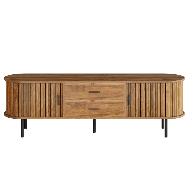 70.87" Walnut Mid Century Modern Fluted Tv Stand With Tambour Sliding Doors For Living Room