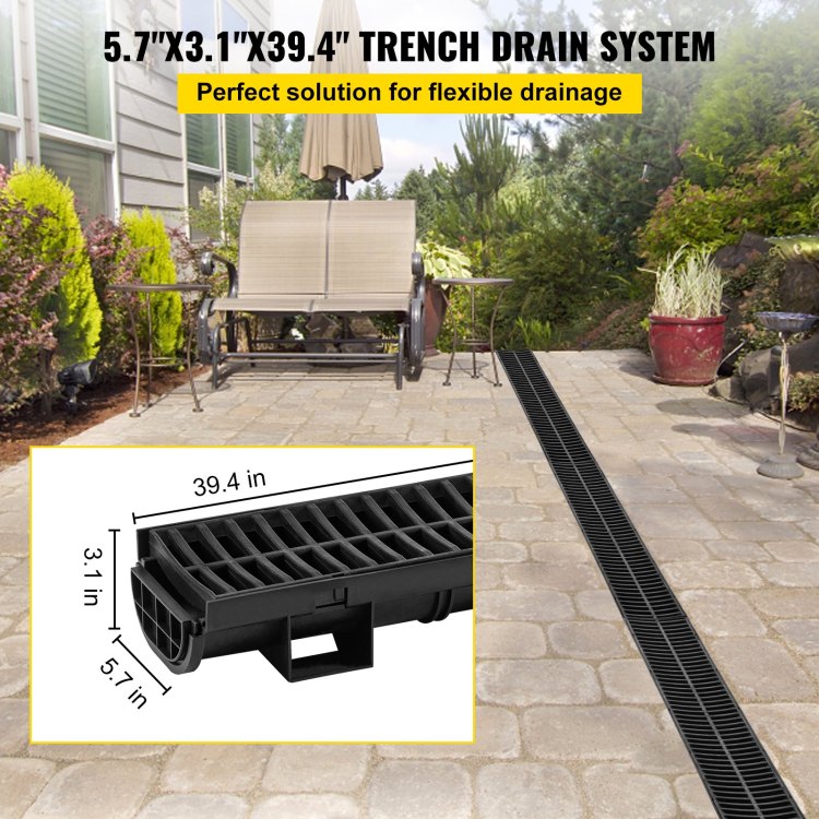 Trench Drain System, 5.7X3.1X39 Inch Hdpe Drainage Trench,Channel Drain With Plastic Grate, Black Plastic Garage Floor Drain, 3X39 Trench Drain Grate, For Garden, Driveway 3 Pack