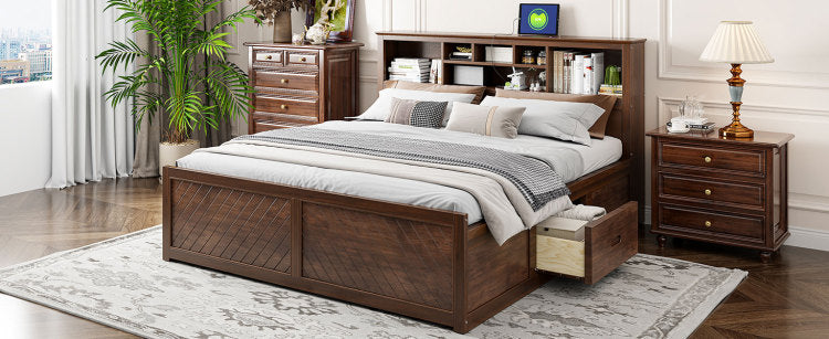 King Size Wood Platform Bed With Multi Storage Headboard, Usb And Drawers, Antique Wood Color