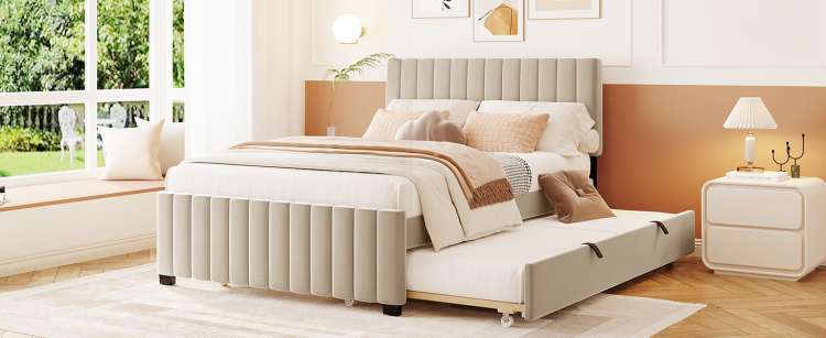 Full Size Velvet Upholstered Platform Bed With Twin Size Trundle, Beige