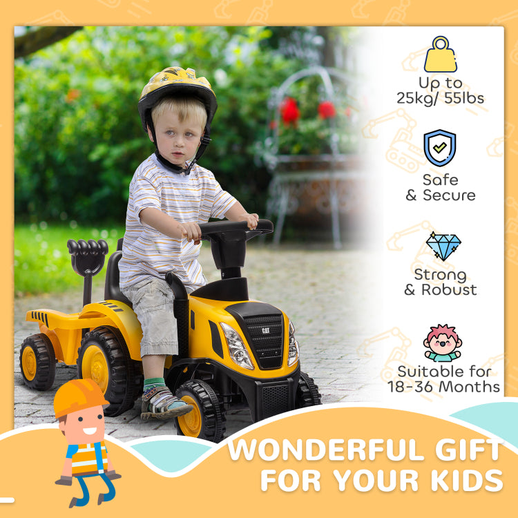 Qaba 2 In 1 Ride On Tractor For Kids, Caterpillar Licensed Ride On Excavator With Shovel & Detachable Trailer, No Power Ride On Push Car For 18 36 Months, Yellow