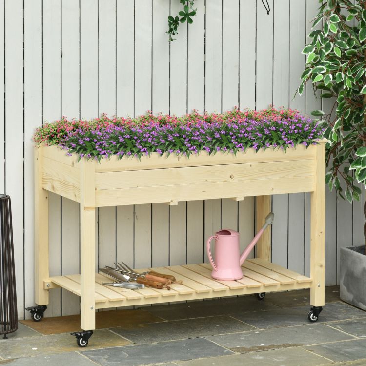 Outsunny Raised Garden Bed, 47" X 22" X 33", Elevated Wooden Planter Box W Lockable Wheels, Storage Shelf, And Bed Liner For Backyard, Patio, Natural