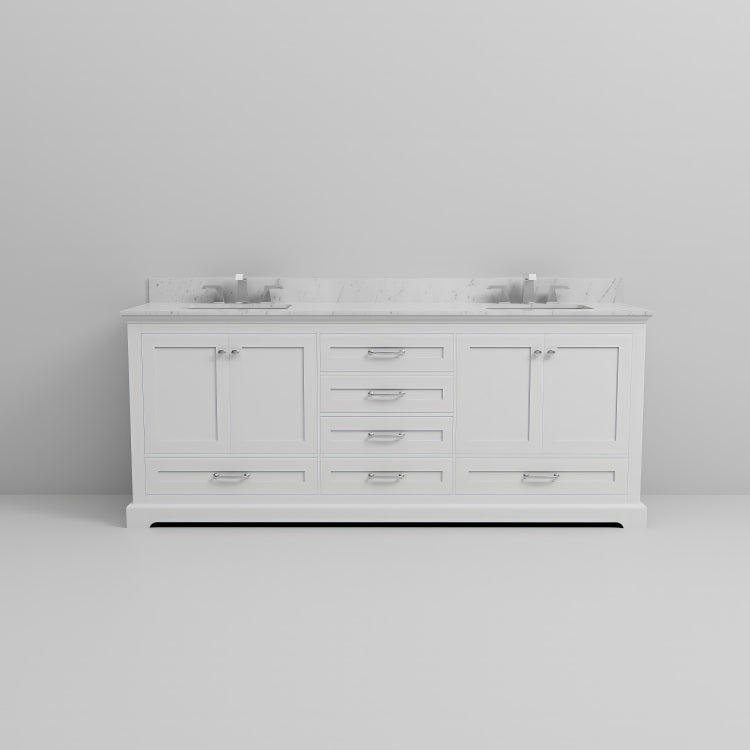White Double Bath Vanity 80 In. W X 22 In. D, Carrara Marble Top, And Faucet Set