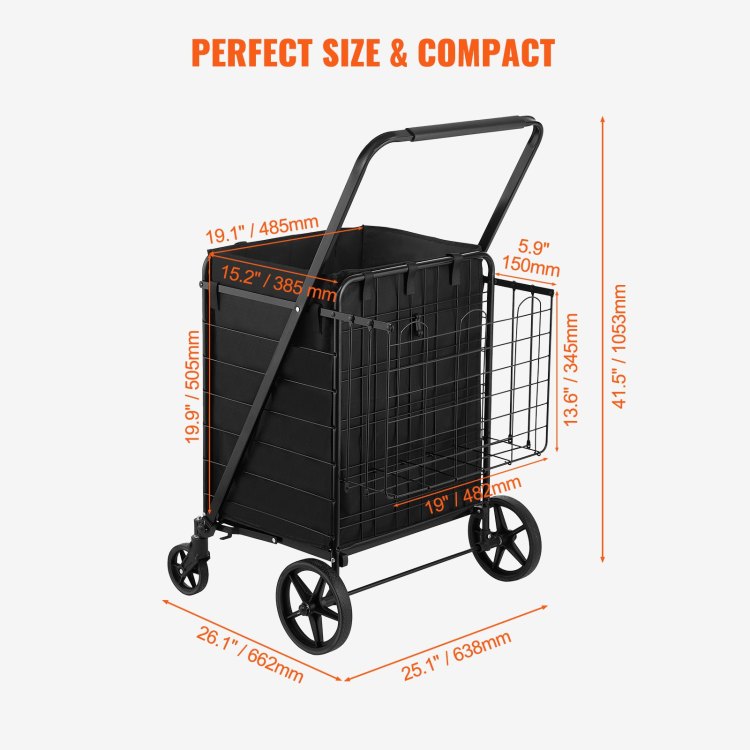 Folding Shopping Cart With Removable Waterproof Liner, 330Lbs Large Capacity Jumbo Grocery Cart With Dual Basket, 360 Swivel Wheels, Dense Metal Mesh Base, Heavy Duty Utility Cart For Shopping