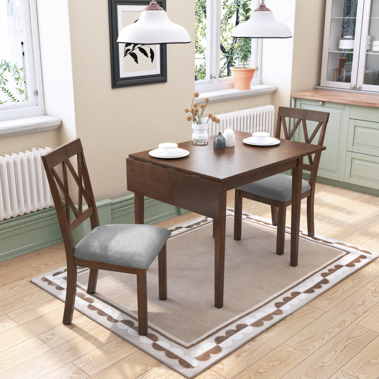 3 Piece Kitchen Dining Set With Drop Leaf Dining Table And 2 Dining Upholstered Chairs, Dining Room Set For Small Places, Brown