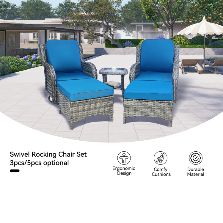 Wicker Patio Furniture Set 5 Piece Rattan Outdoor Sectional Conversation Sets With 2 Swivel Rocking Chairs,2 Ottomans And 1 Side Table For Porch Deck Garden