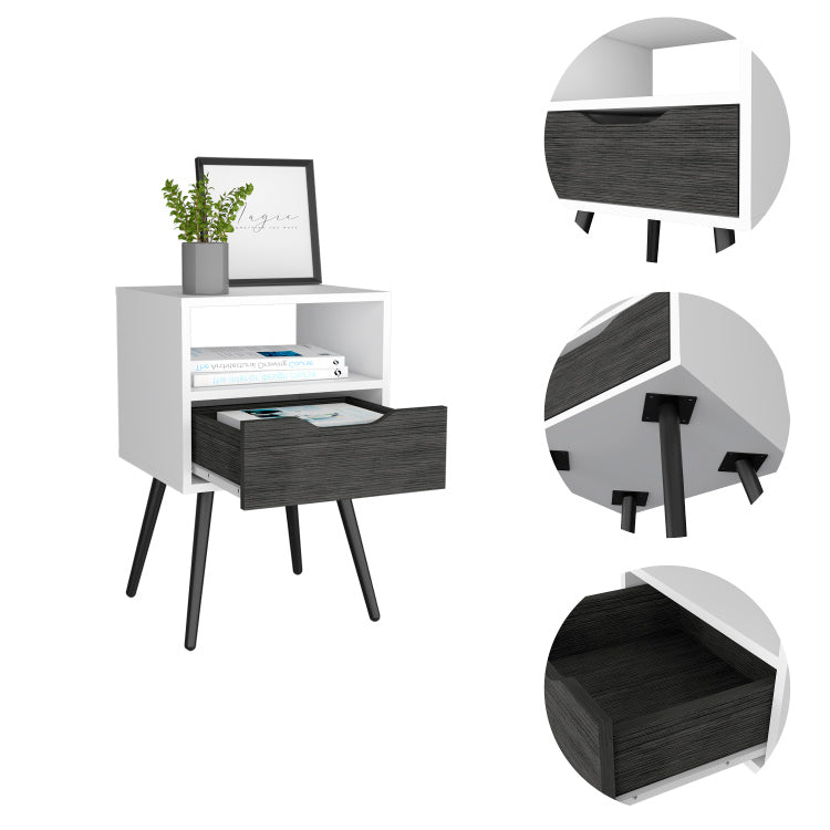 Nightstand 25"H, Superior Top, Four Legs, One Open Shelf, One Drawer, Smokey Oak White