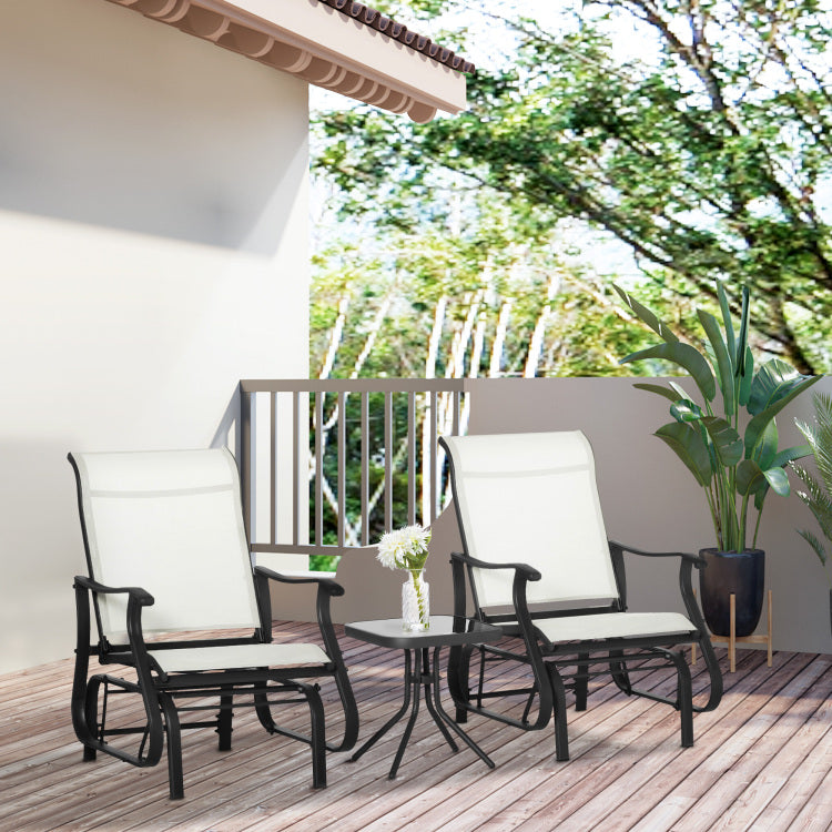 Outsunny 3 Piece Outdoor Gliders Set Bistro Set With Steel Frame, Tempered Glass Top Table For Patio, Garden, Backyard, Lawn, Cream White