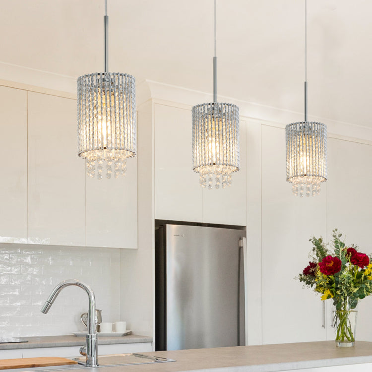 5" Modern Crystal Pendant Light 3 Pack Adjustable Chrome Hanging Ceiling Fixture With Clear Beads, Elegant Design For Kitchen Island, Dining Room, Or Living Room No Bulbs